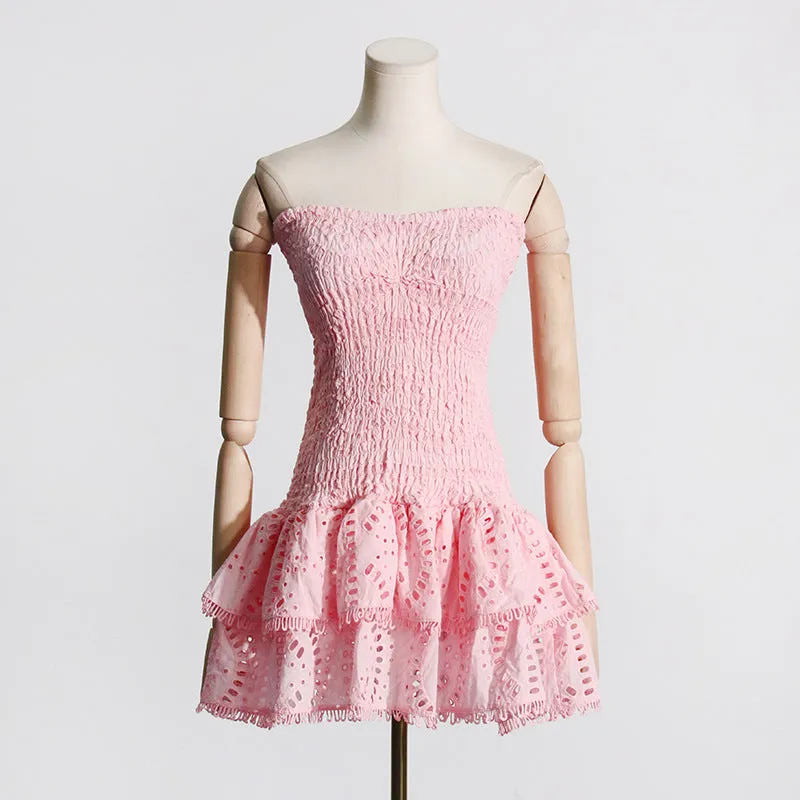 2024 Summer New European and American Sexy Hot Girl Style Elastic Waist Tube Top Embroidered Ruffled Short Dress Women