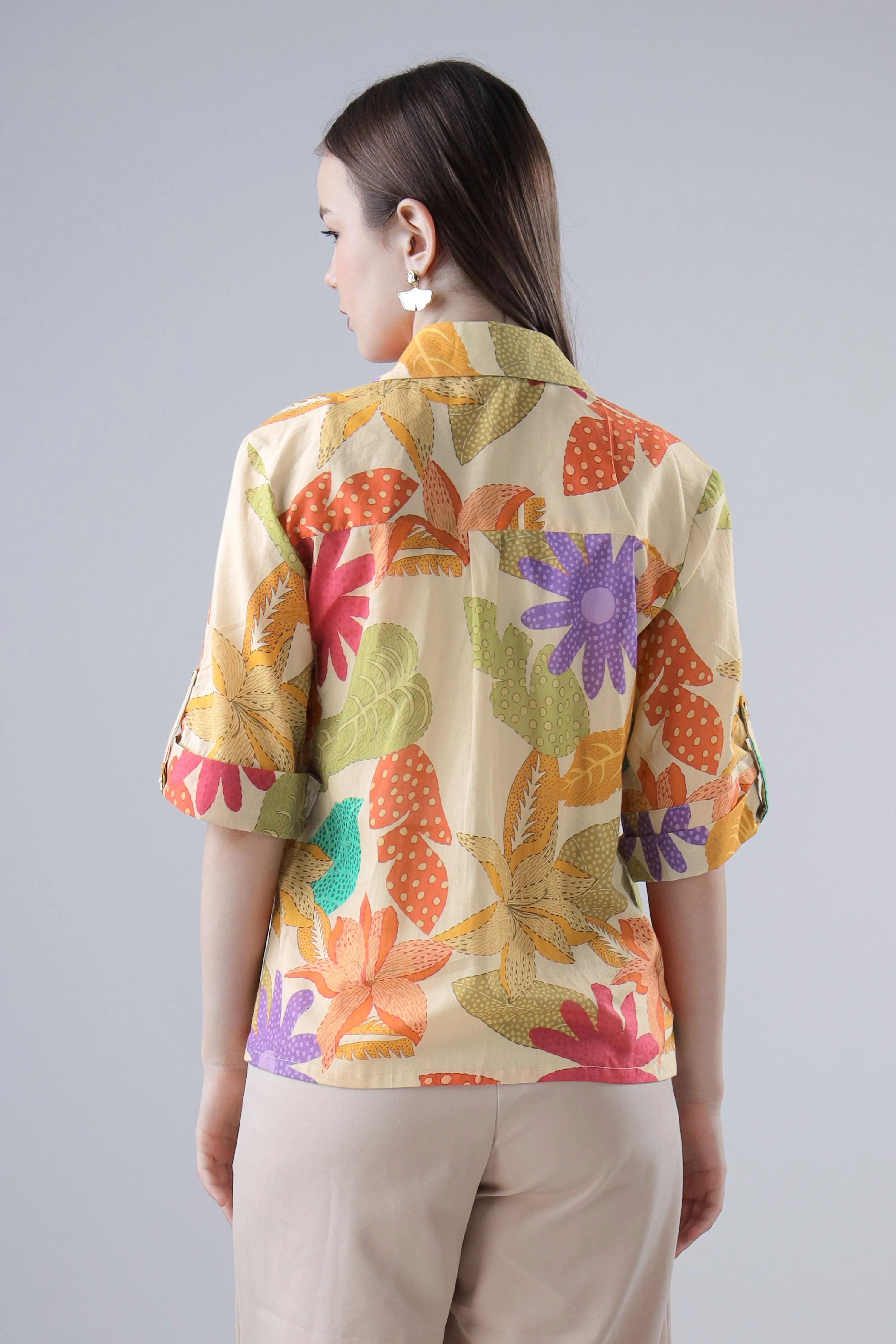 Abstract Beige Floral Roll Up Sleeve Cotton Shirt