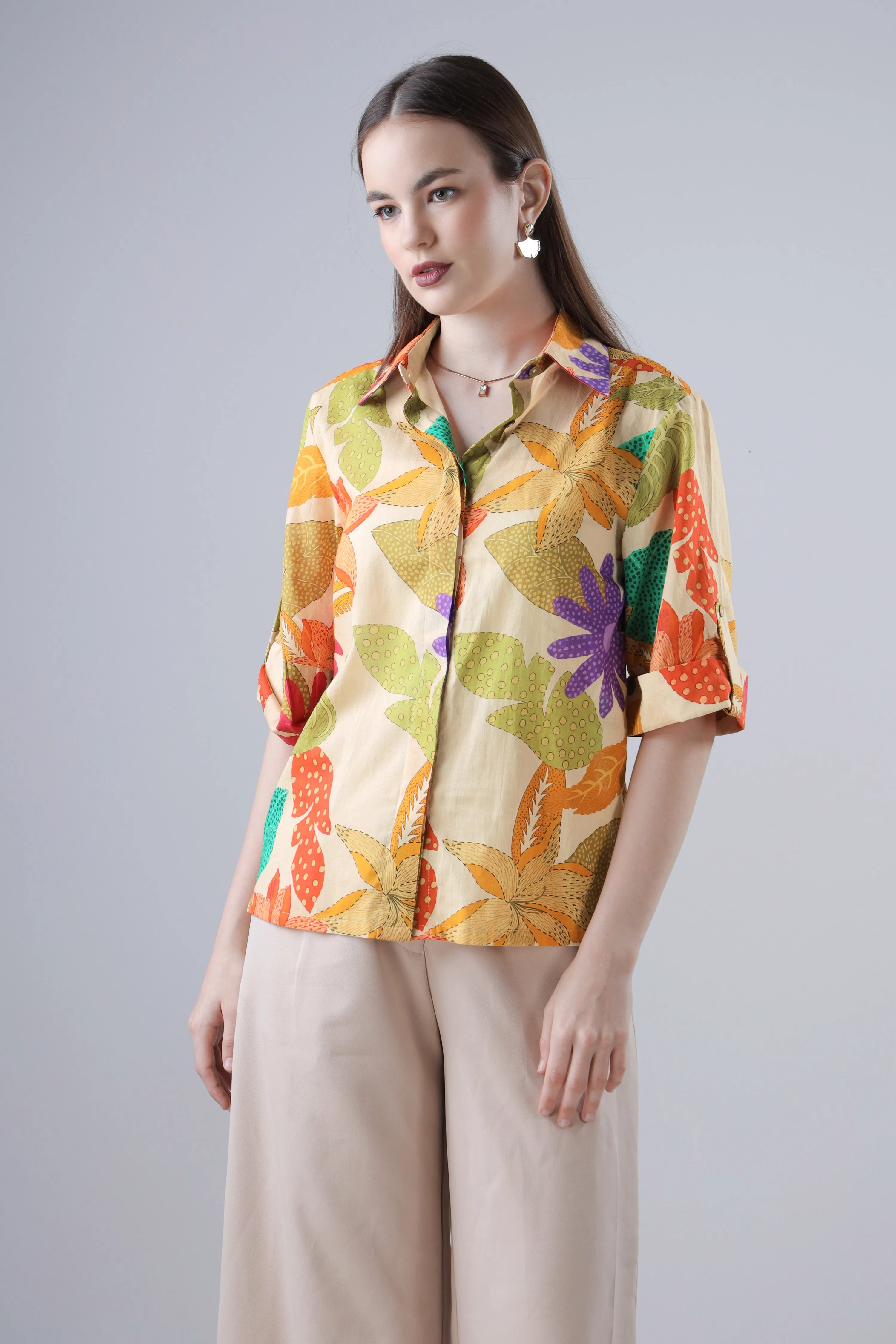 Abstract Beige Floral Roll Up Sleeve Cotton Shirt