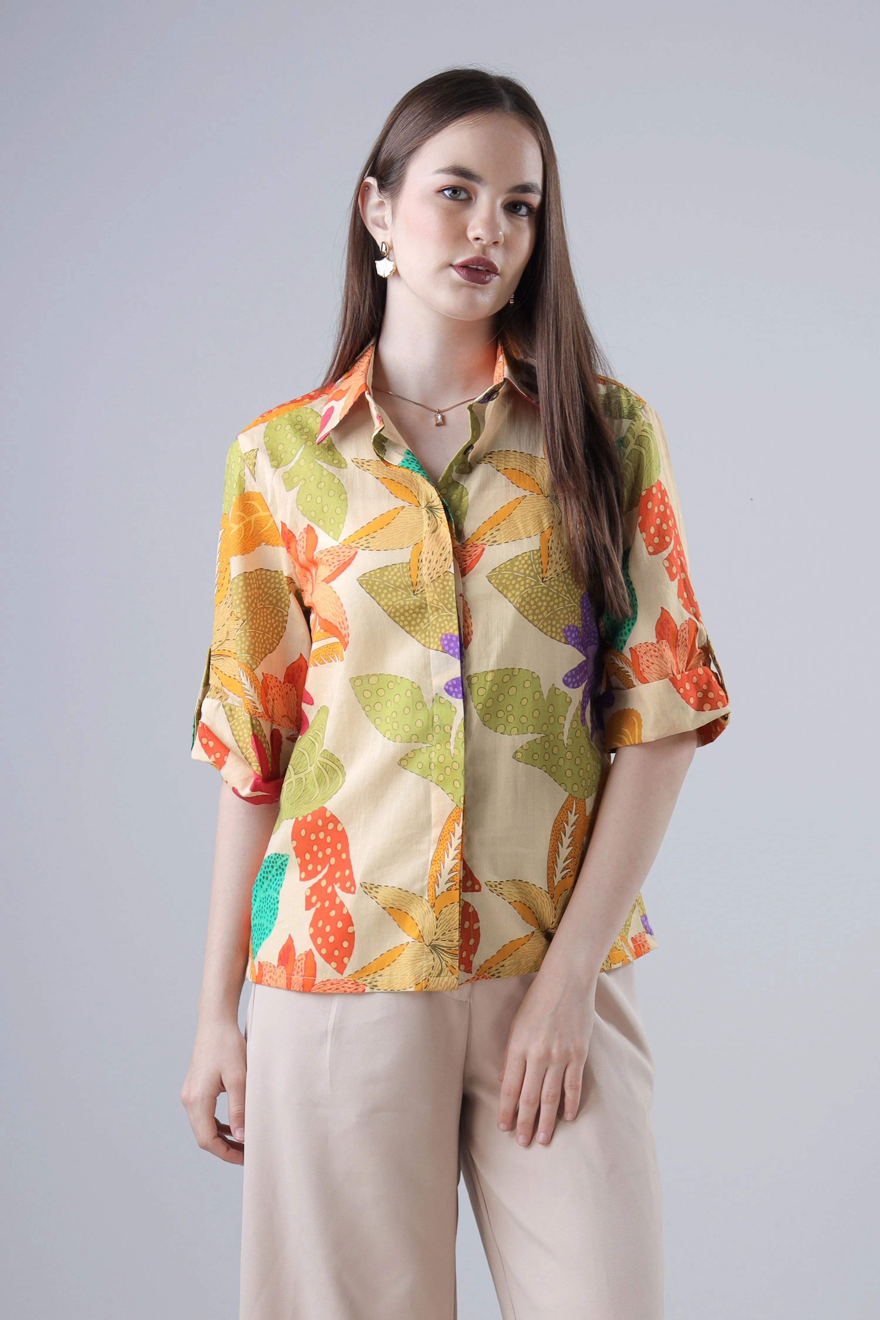 Abstract Beige Floral Roll Up Sleeve Cotton Shirt