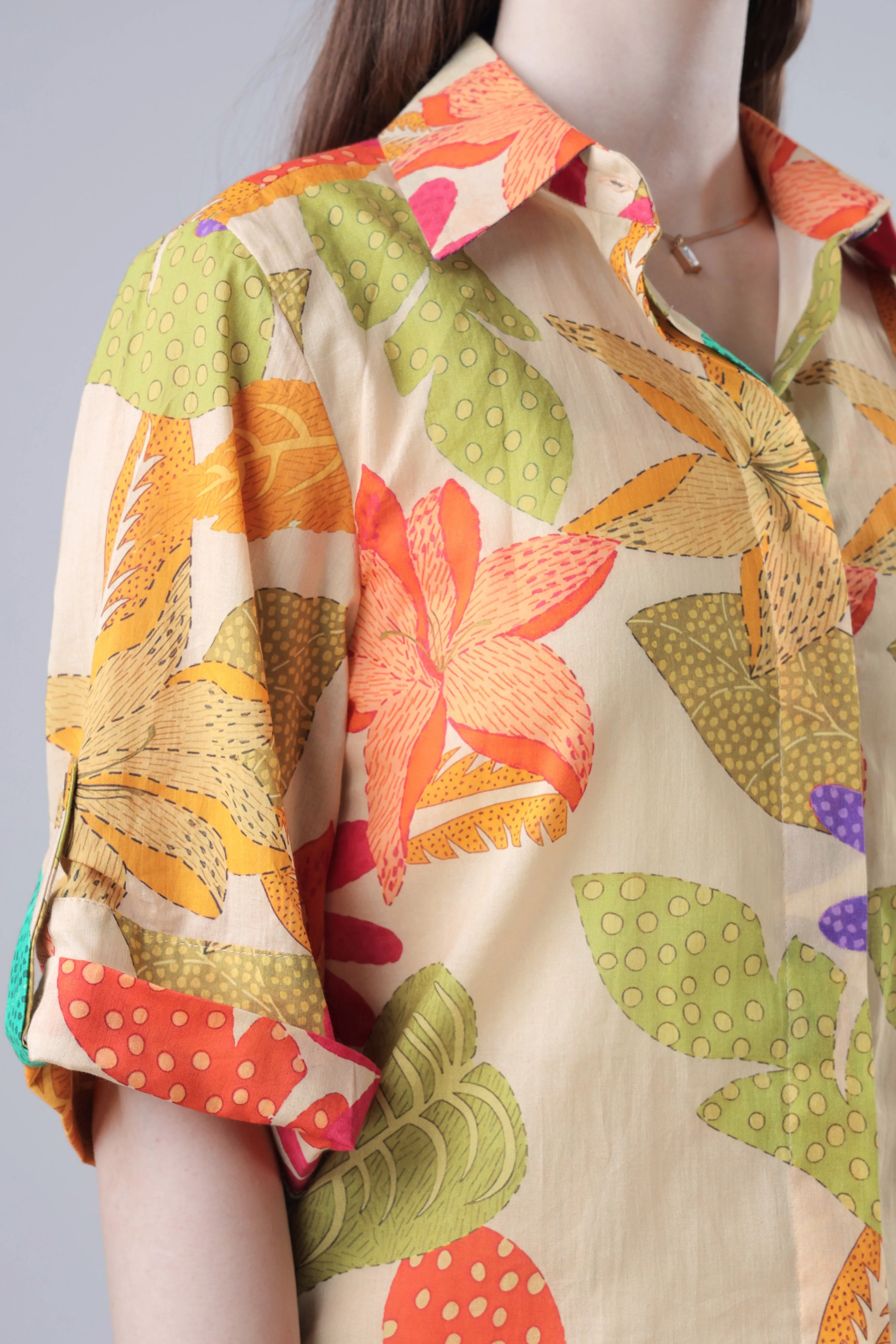 Abstract Beige Floral Roll Up Sleeve Cotton Shirt
