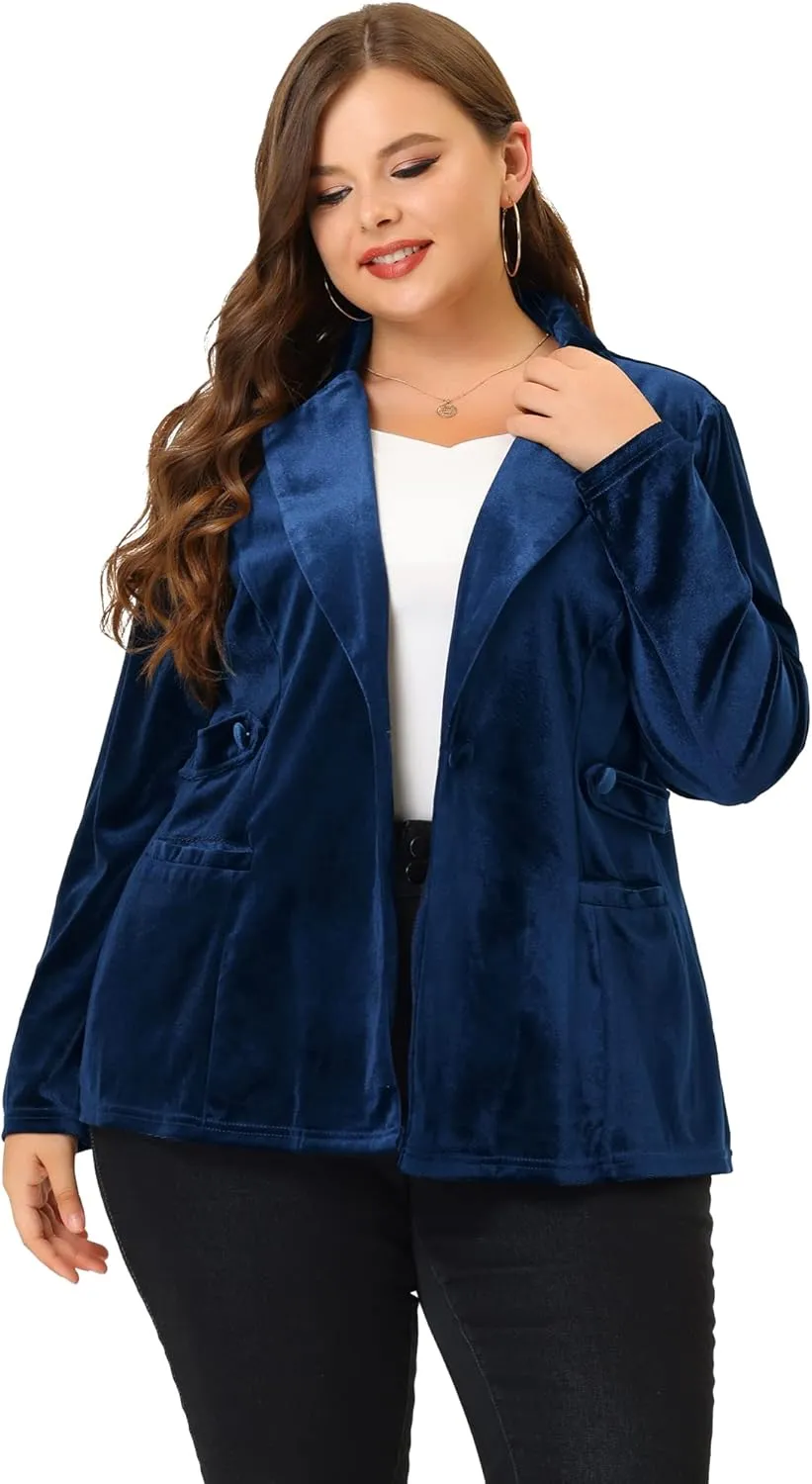 Agnes Orinda Plus Size Velvet Blazers Jackets for Women Casual Lapel Suit Office Work Blazer