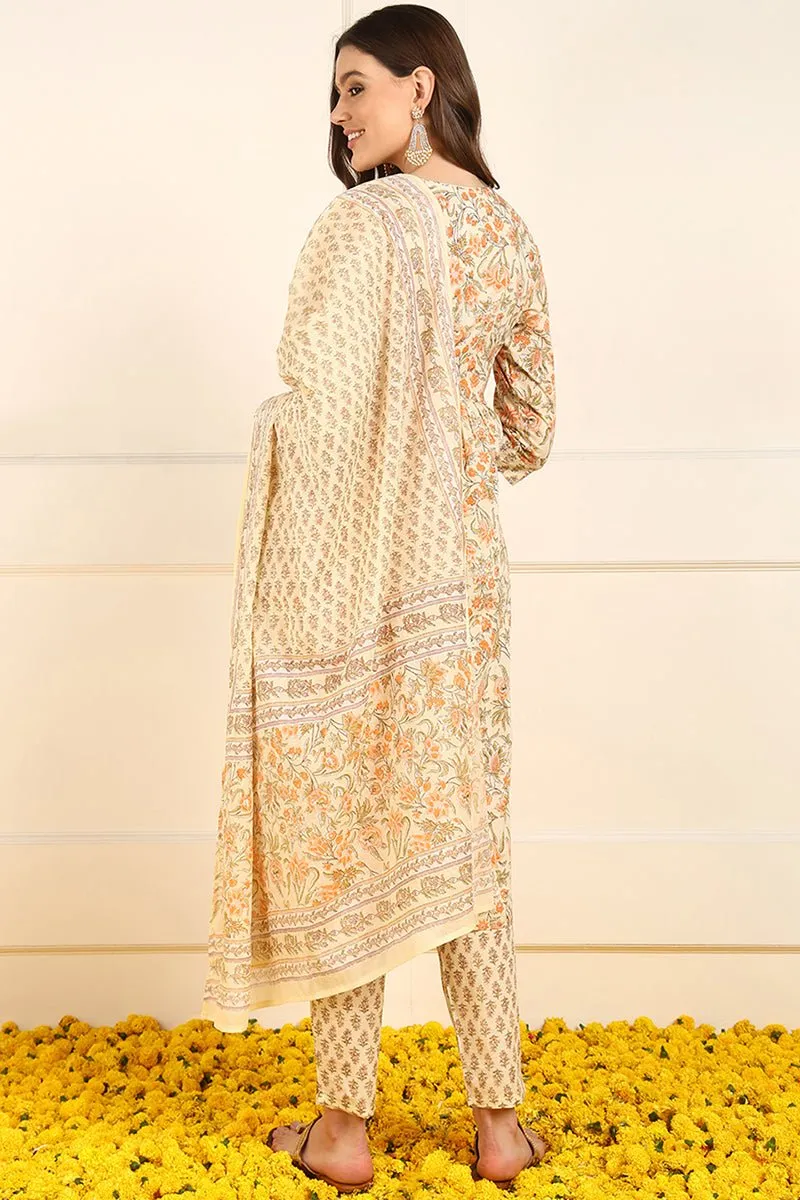 Ahika Orange Pure Cotton Floral Embroidered Straight Suit Set