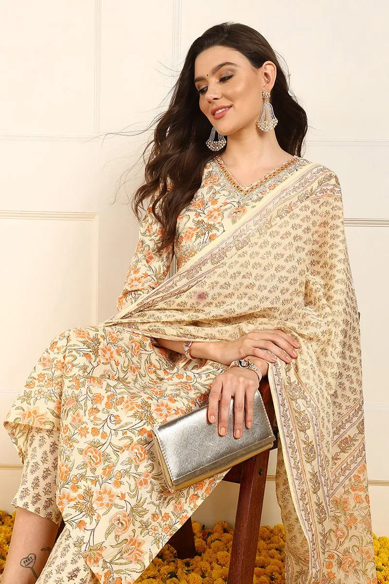 Ahika Orange Pure Cotton Floral Embroidered Straight Suit Set