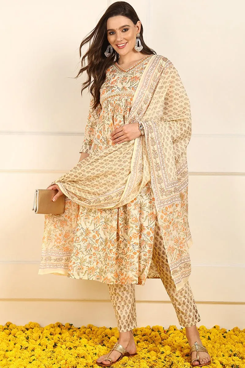 Ahika Orange Pure Cotton Floral Embroidered Straight Suit Set
