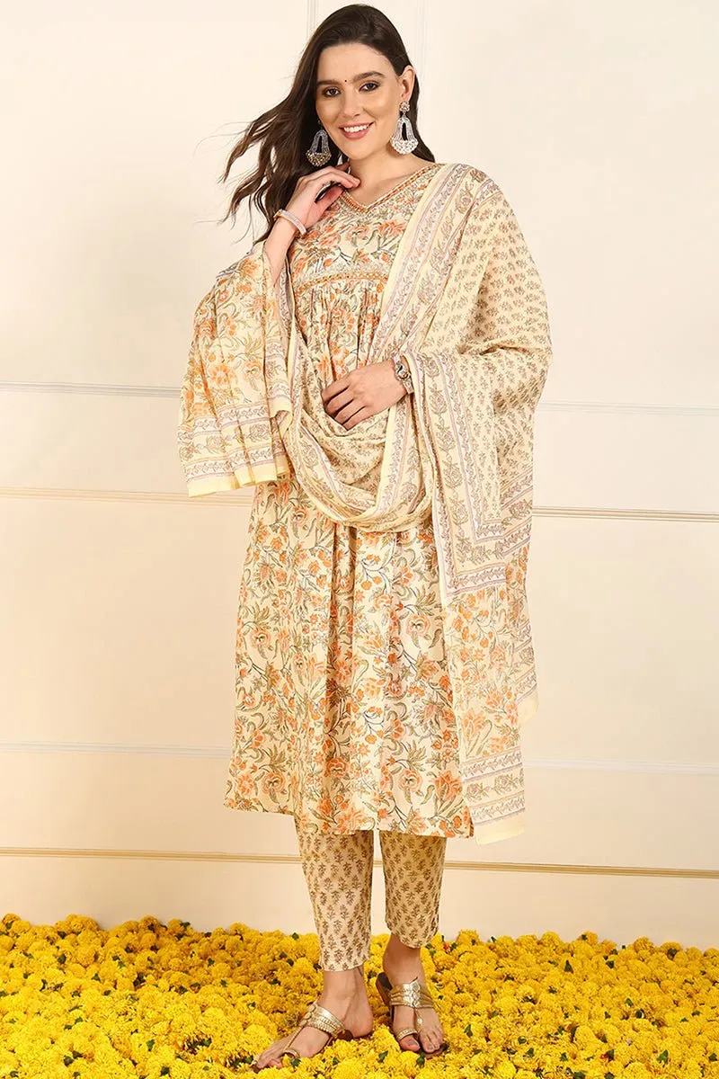 Ahika Orange Pure Cotton Floral Embroidered Straight Suit Set