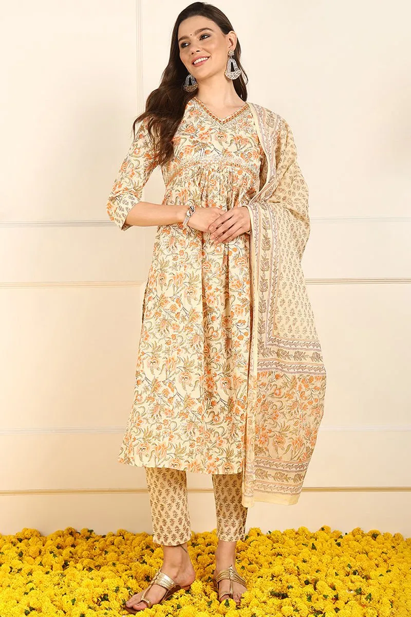 Ahika Orange Pure Cotton Floral Embroidered Straight Suit Set