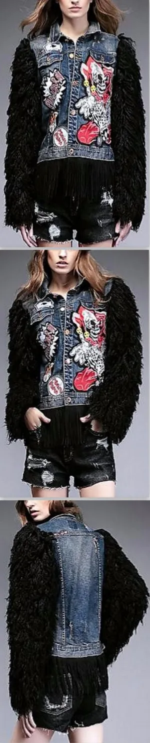 Appliques Embellished Denim Wool-Sleeved Fringe Jacket