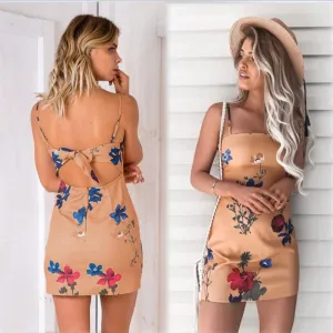 Backless Flower Print Spaghetti Straps Short Dress