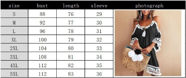 Bare Shoulder Tassels Scoop Women Loose Short Dress
