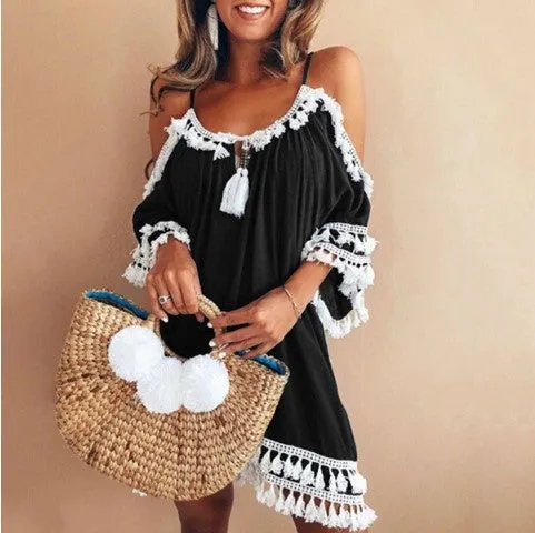 Bare Shoulder Tassels Scoop Women Loose Short Dress