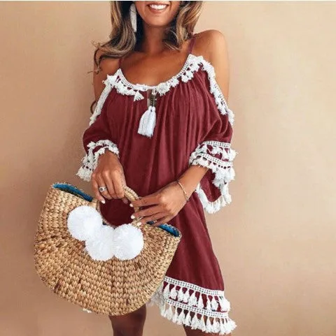 Bare Shoulder Tassels Scoop Women Loose Short Dress