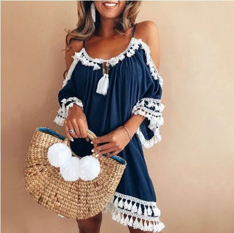 Bare Shoulder Tassels Scoop Women Loose Short Dress
