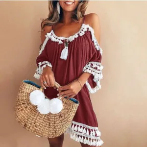 Bare Shoulder Tassels Scoop Women Loose Short Dress