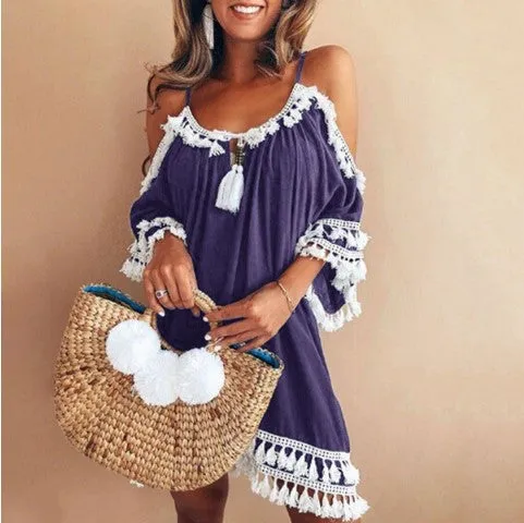 Bare Shoulder Tassels Scoop Women Loose Short Dress