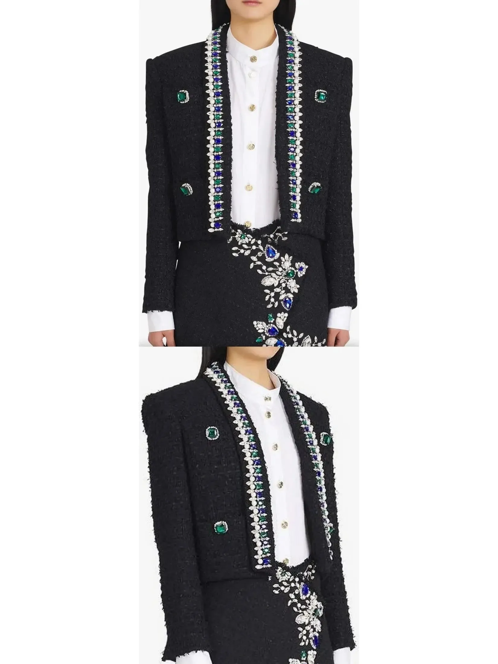 Black and Multicolor Tweed Spencer Jacket with Jewel Embroideries