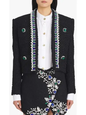Black and Multicolor Tweed Spencer Jacket with Jewel Embroideries
