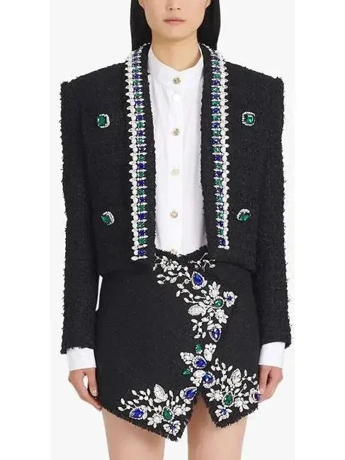 Black and Multicolor Tweed Spencer Jacket with Jewel Embroideries