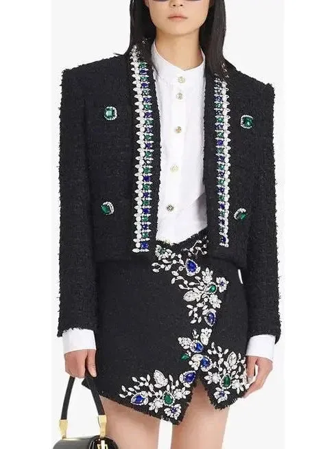Black and Multicolor Tweed Spencer Jacket with Jewel Embroideries