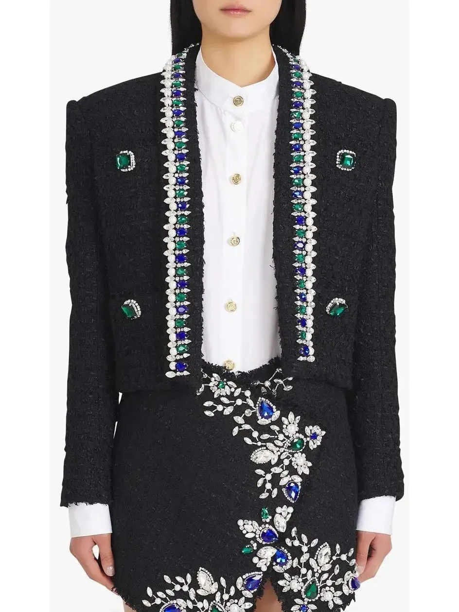 Black and Multicolor Tweed Spencer Jacket with Jewel Embroideries
