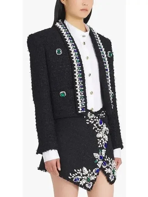 Black and Multicolor Tweed Spencer Jacket with Jewel Embroideries