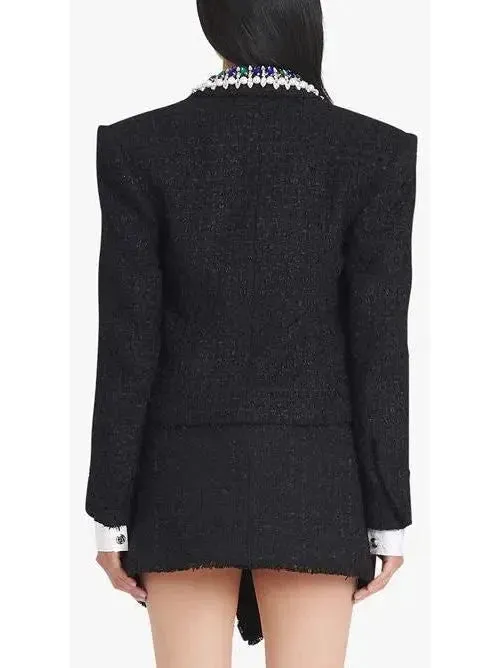Black and Multicolor Tweed Spencer Jacket with Jewel Embroideries