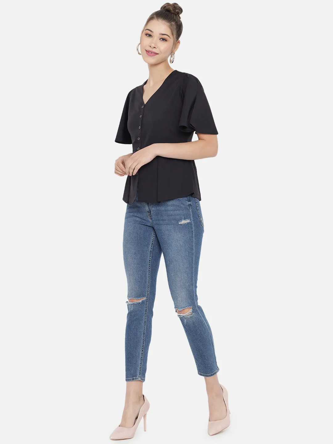 Black Crepe Peplum Top