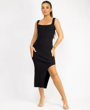 Black Sleeveless Ribbed Side Split Knitted Midi Dress