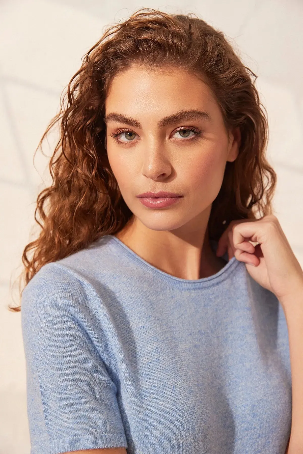 Blue Pure Cashmere Short Sleeve Women's Sweater