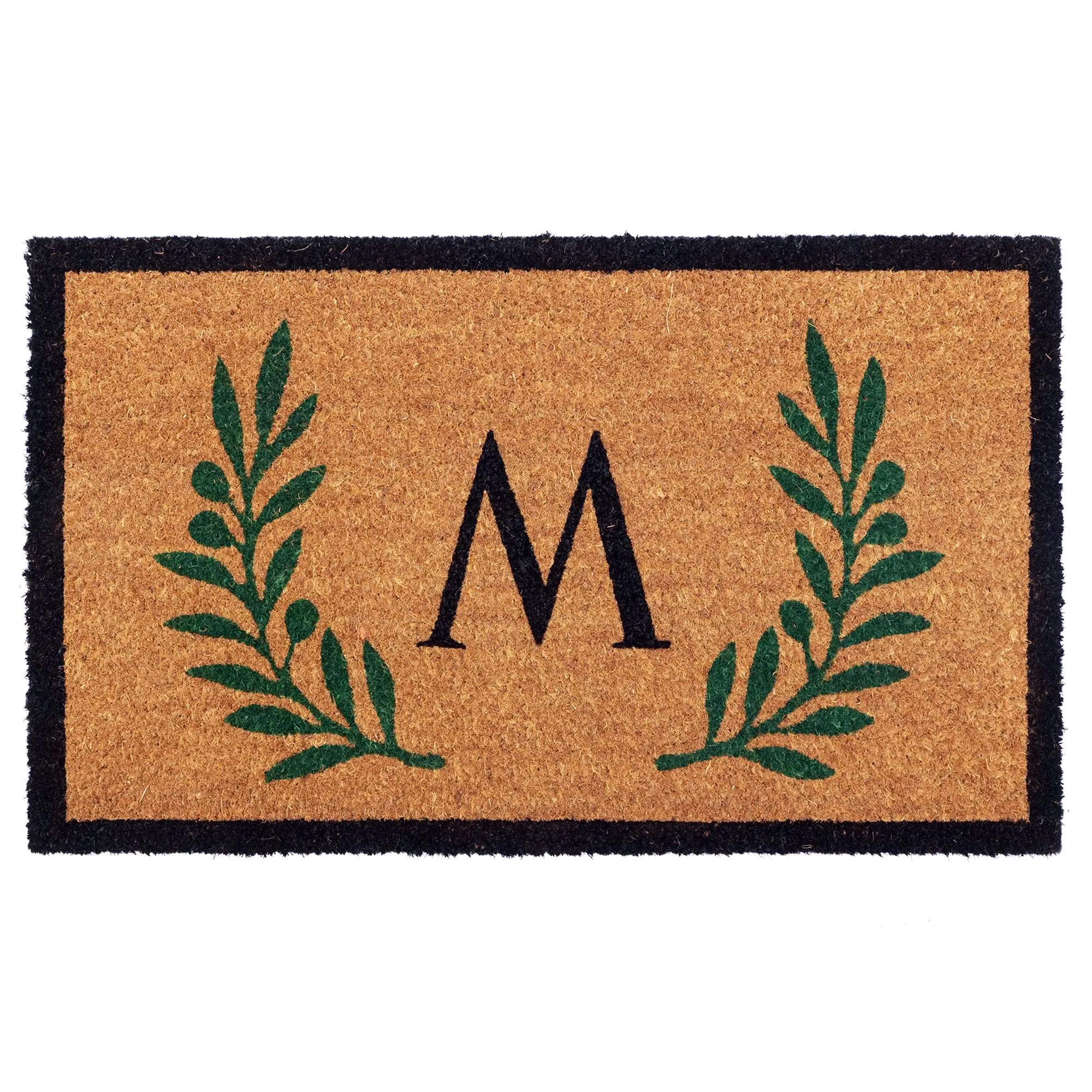 Custom Monogram Coir Doormat with Green Leaf Border Design