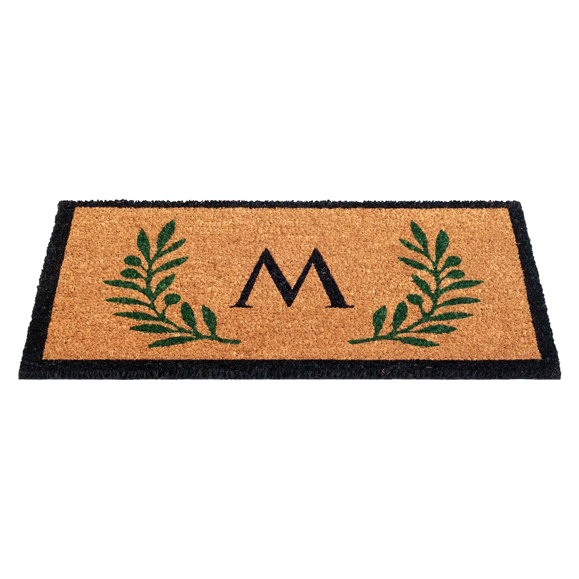 Custom Monogram Coir Doormat with Green Leaf Border Design