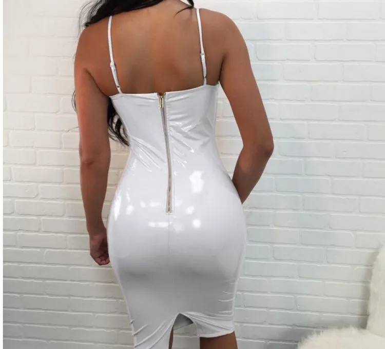 Deep V-neck Short Bodycon PU Club Dress
