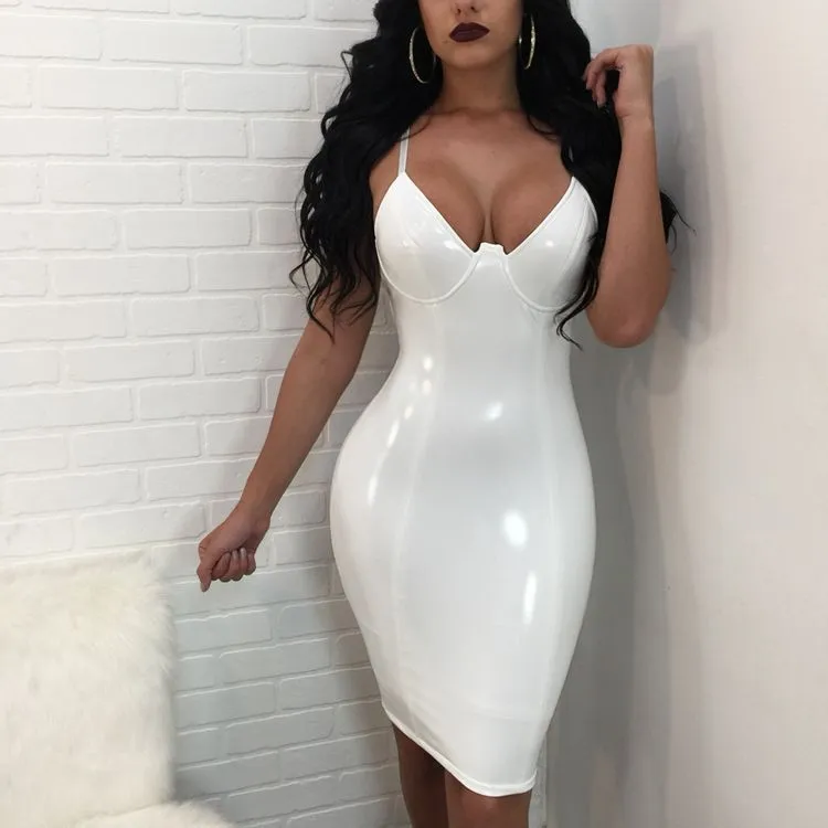 Deep V-neck Short Bodycon PU Club Dress