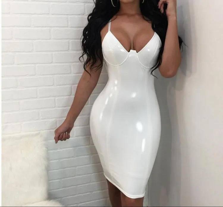 Deep V-neck Short Bodycon PU Club Dress