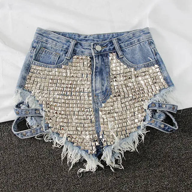 Embellished Punk Rivet Denim Hot Pants