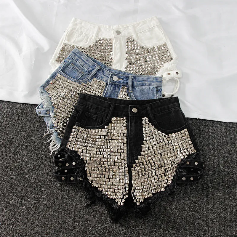 Embellished Punk Rivet Denim Hot Pants