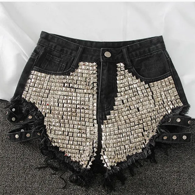 Embellished Punk Rivet Denim Hot Pants