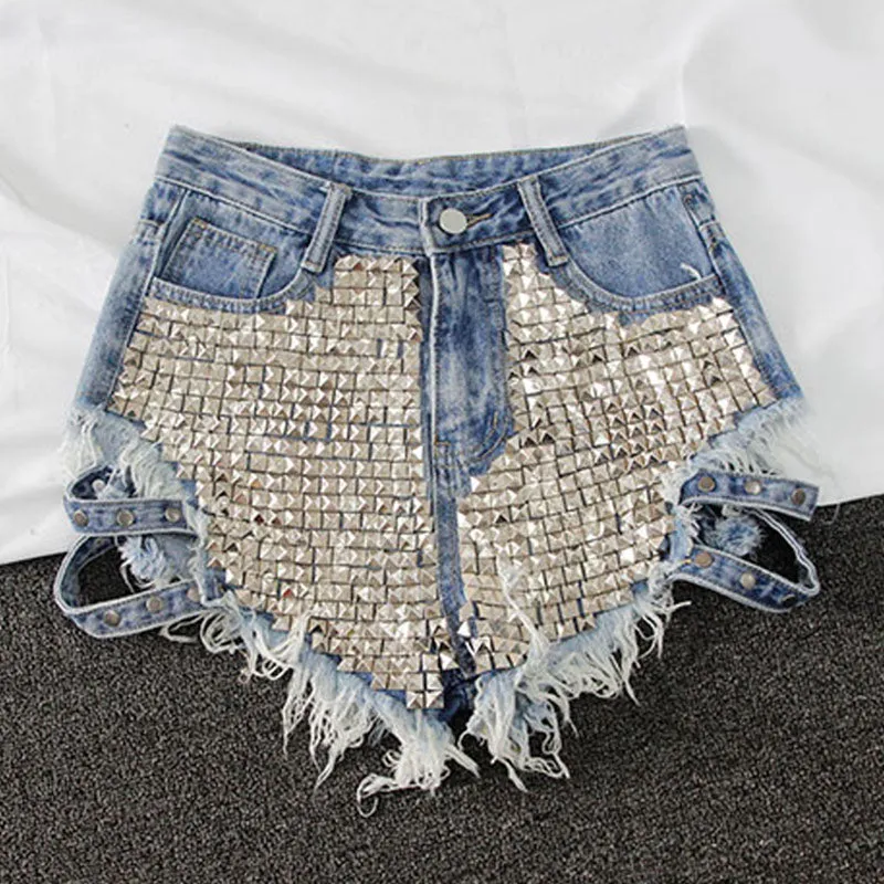 Embellished Punk Rivet Denim Hot Pants