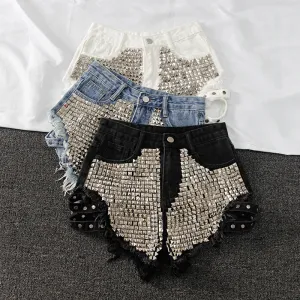 Embellished Punk Rivet Denim Hot Pants