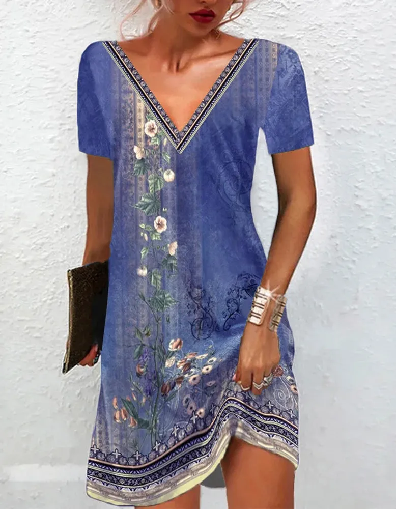 Ethnic Style Printed V Neck Mid A-Line Dresses