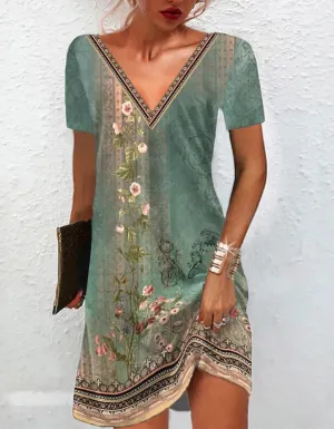 Ethnic Style Printed V Neck Mid A-Line Dresses