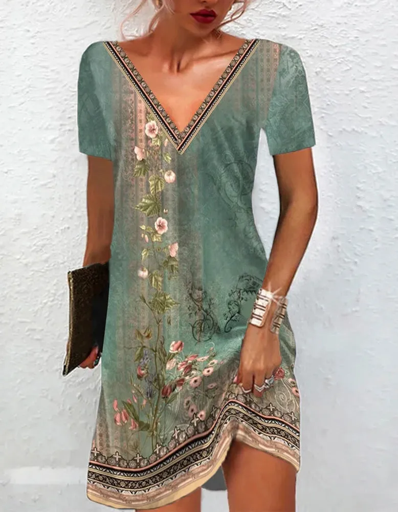 Ethnic Style Printed V Neck Mid A-Line Dresses