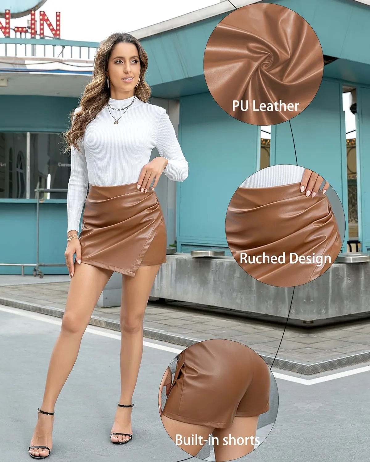 Faux Leather Skorts for Woman High Waisted PU Leather Shorts Elastic Waist Ruched Wrap Skorts Skirts