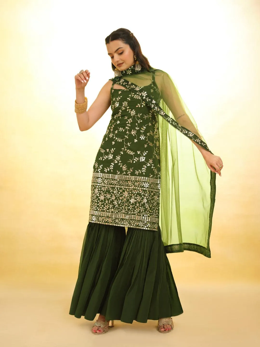 Green Embroidered Georgette Sharara Suit with dupatta