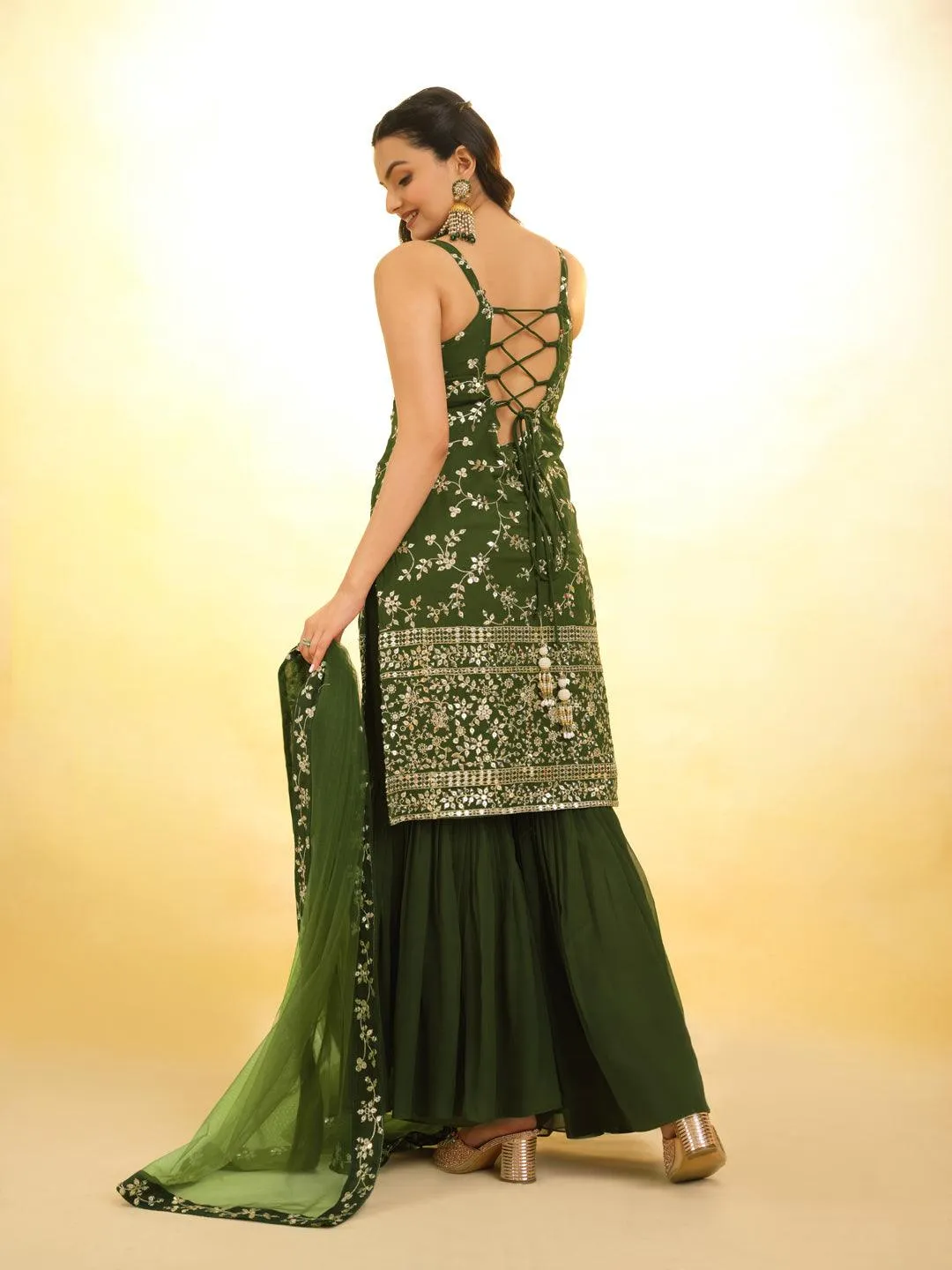 Green Embroidered Georgette Sharara Suit with dupatta