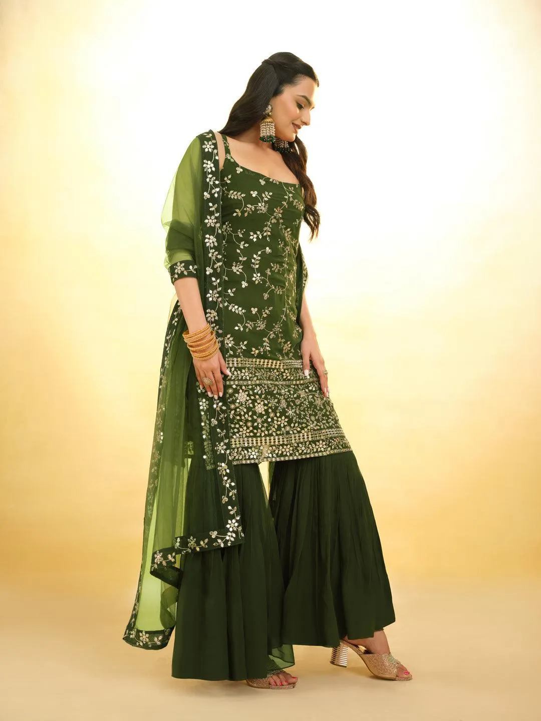 Green Embroidered Georgette Sharara Suit with dupatta