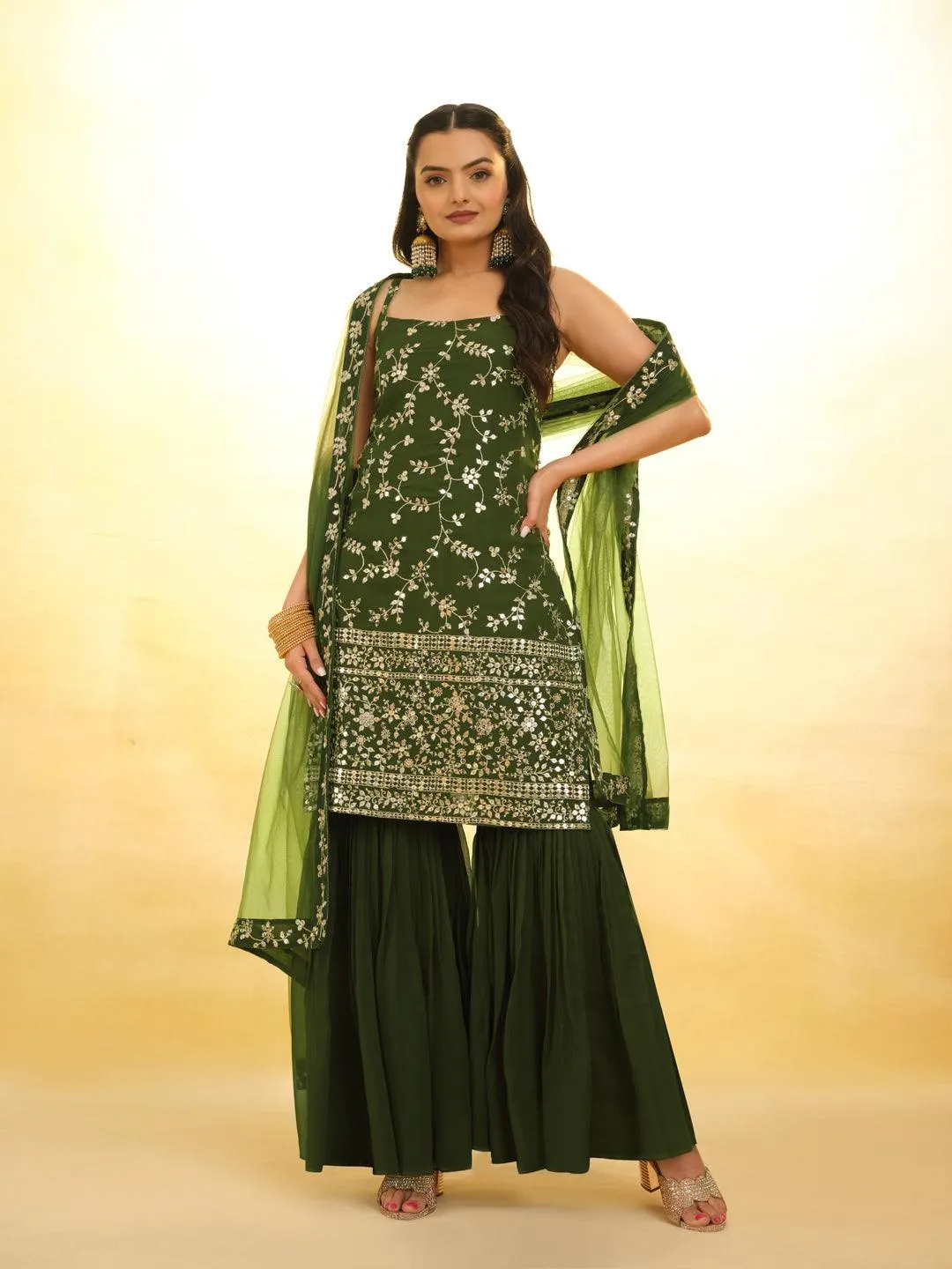 Green Embroidered Georgette Sharara Suit with dupatta