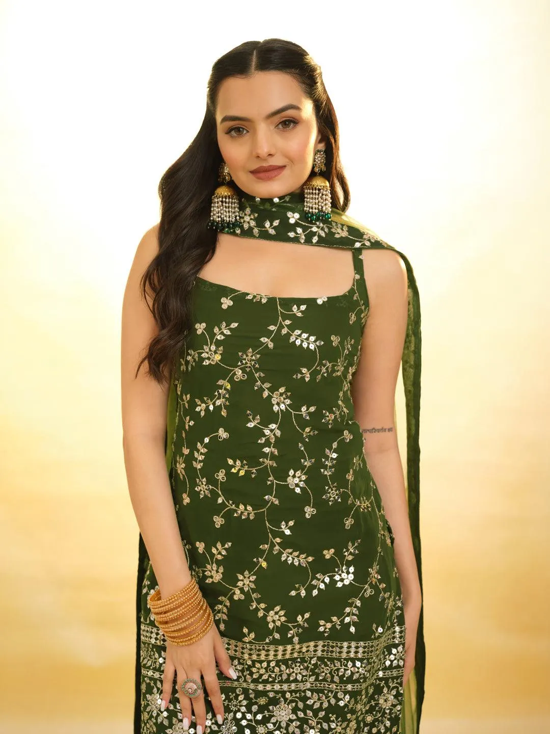 Green Embroidered Georgette Sharara Suit with dupatta