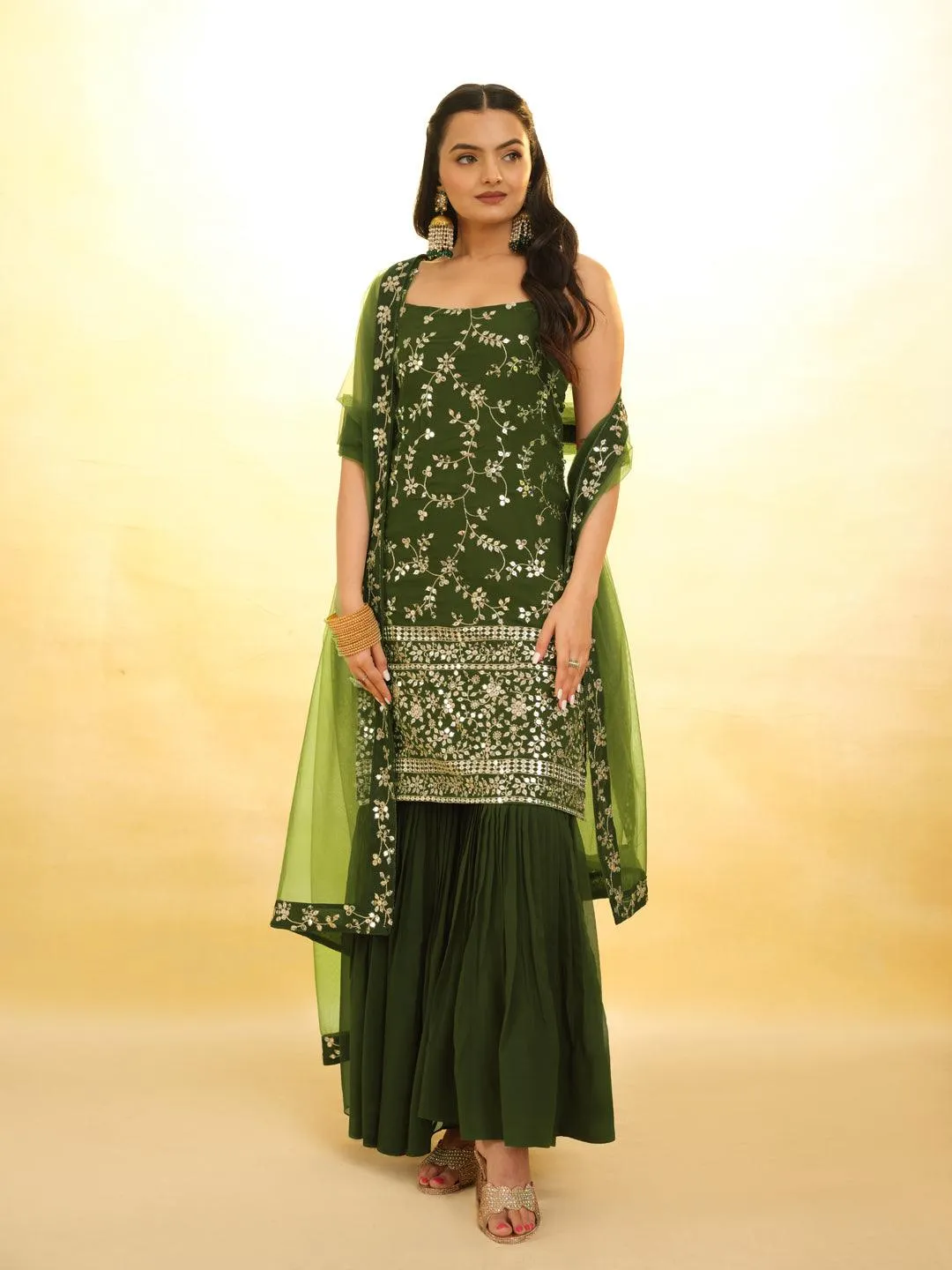Green Embroidered Georgette Sharara Suit with dupatta