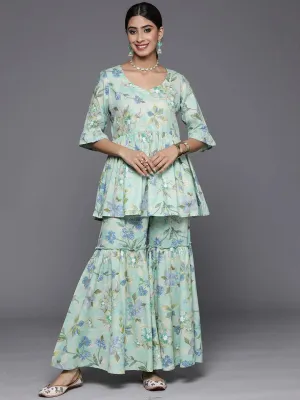 Green Printed Cotton Tunic With Palazzos